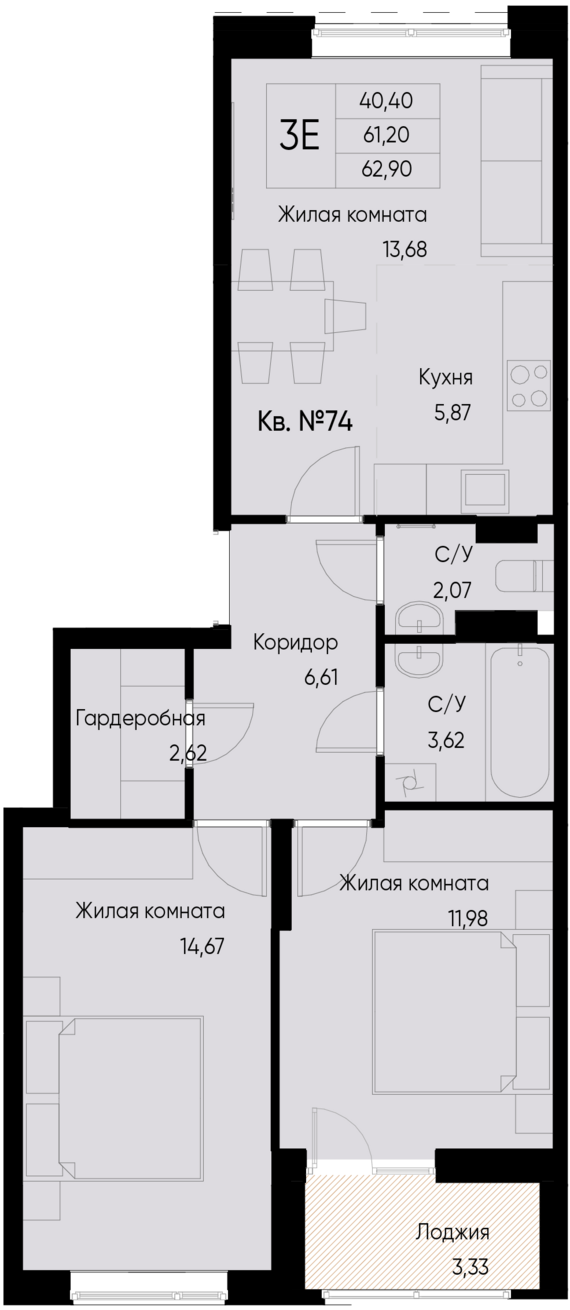 евро 3 к.кв. №74 62,9 м2 от застройщика ГК ТОЧНО
