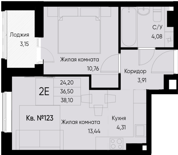 евро 2 к.кв. №123 38,1 м2 от застройщика ГК ТОЧНО
