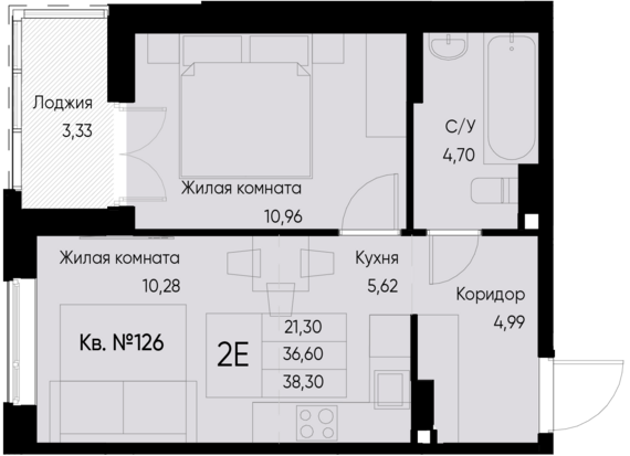 евро 2 к.кв. №126 38,3 м2 от застройщика ГК ТОЧНО