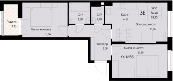 евро 3 к.кв. №85 58,1 м2 от застройщика ГК ТОЧНО