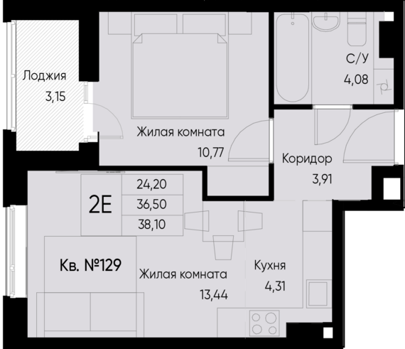 евро 2 к.кв. №129 38,1 м2 от застройщика ГК ТОЧНО