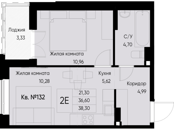 евро 2 к.кв. №132 38,3 м2 от застройщика ГК ТОЧНО