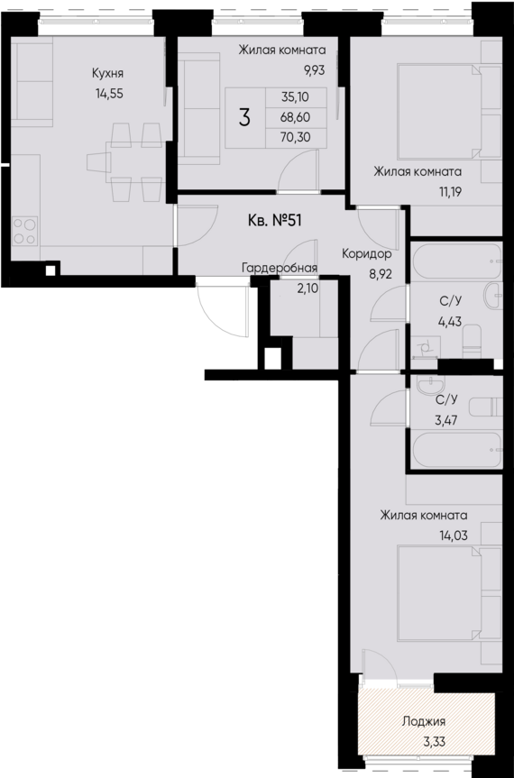 3-комнатная квартира №51 70,3 м2 от застройщика ГК ТОЧНО