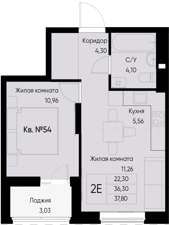 евро 2 к.кв. №54 37,8 м2 от застройщика ГК ТОЧНО