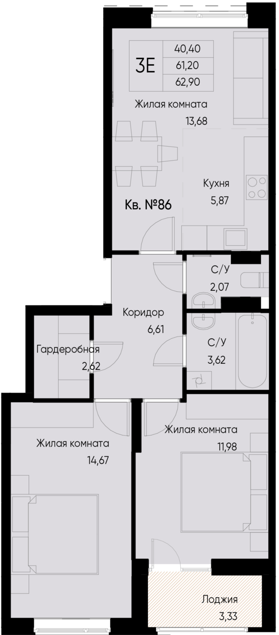 евро 3 к.кв. №86 62,9 м2 от застройщика ГК ТОЧНО