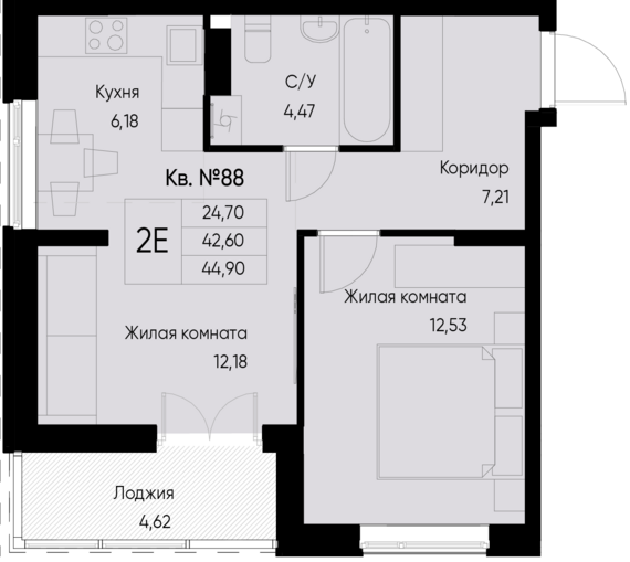 евро 2 к.кв. №88 44,9 м2 от застройщика ГК ТОЧНО