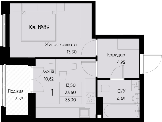 1-комнатная квартира №89 35,3 м2 от застройщика ГК ТОЧНО