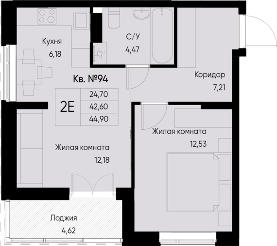 евро 2 к.кв. №94 44,9 м2 от застройщика ГК ТОЧНО