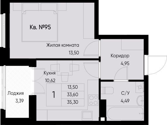 1-комнатная квартира №95 35,3 м2 от застройщика ГК ТОЧНО