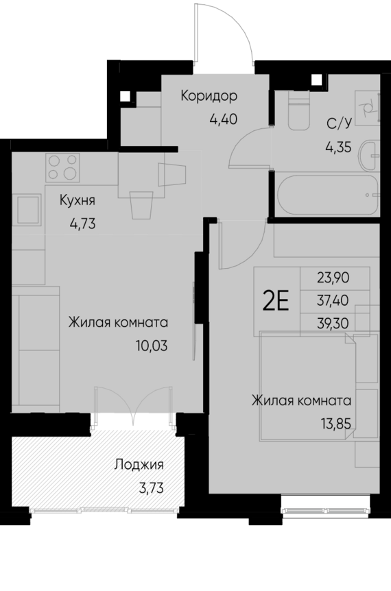 евро 2 к.кв. №22 39,3 м2 от застройщика ГК ТОЧНО