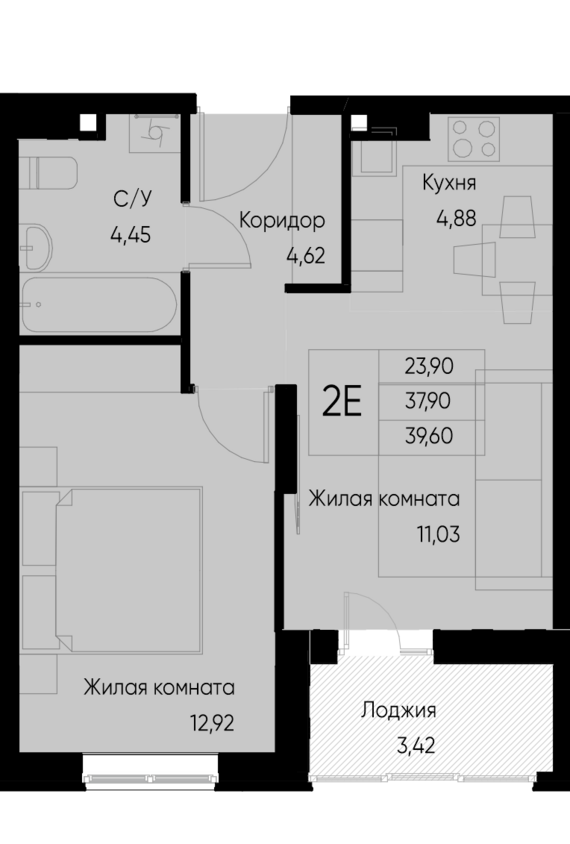 евро 2 к.кв. №25 39,6 м2 от застройщика ГК ТОЧНО