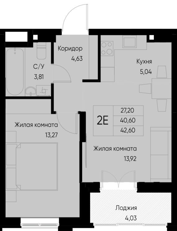 евро 2 к.кв. №90 42,6 м2 от застройщика ГК ТОЧНО