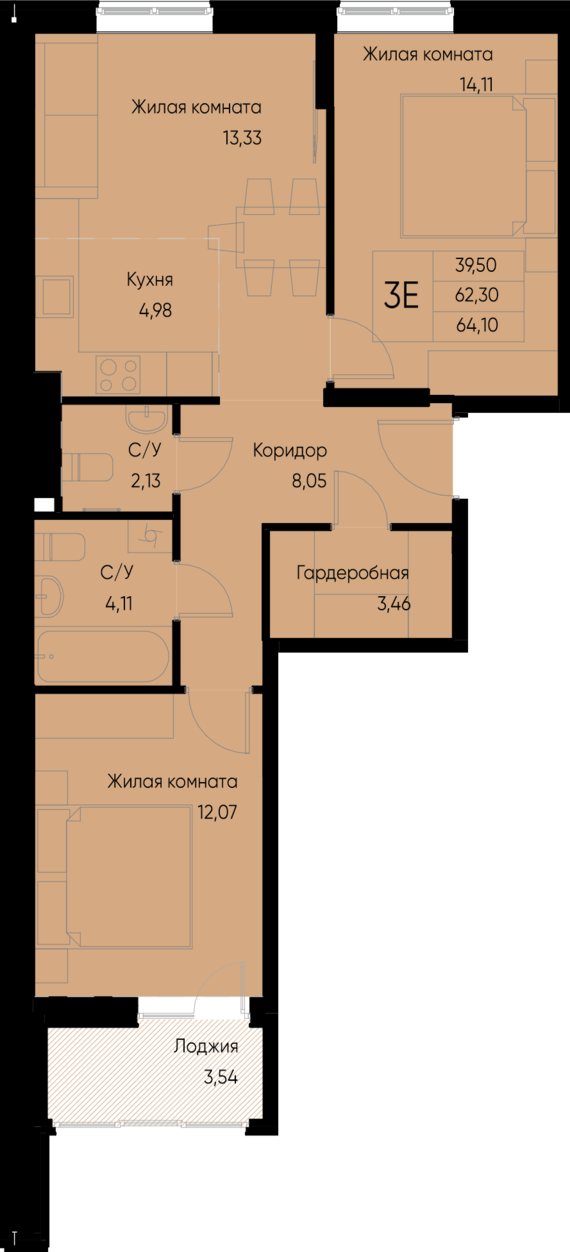 евро 3 к.кв. №28 64,1 м2 от застройщика ГК ТОЧНО