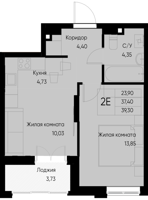 евро 2 к.кв. №32 39,3 м2 от застройщика ГК ТОЧНО