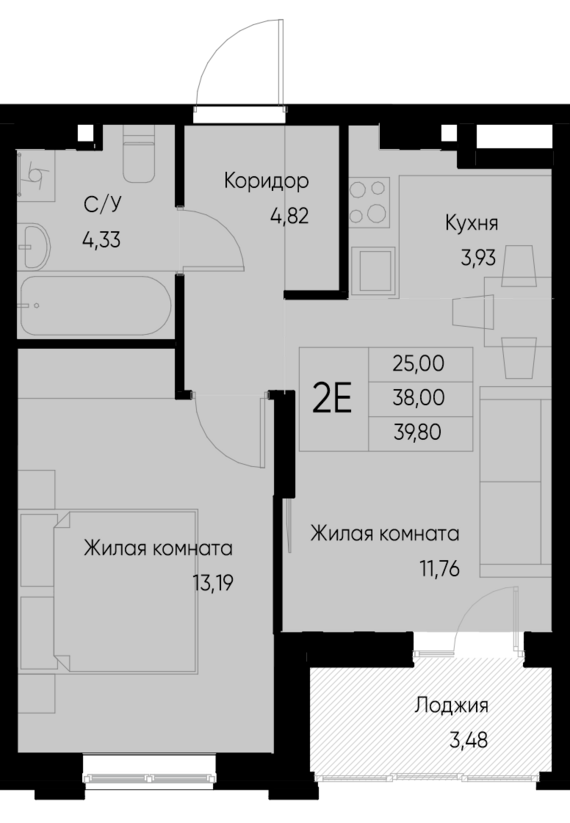 евро 2 к.кв. №68 39,8 м2 от застройщика ГК ТОЧНО