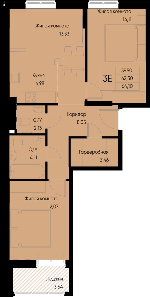 евро 3 к.кв. №33 64,1 м2 от застройщика ГК ТОЧНО
