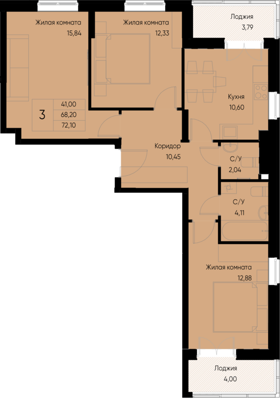 3-комнатная квартира №29 72,1 м2 от застройщика ГК ТОЧНО