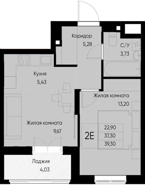 евро 2 к.кв. №37 39,3 м2 от застройщика ГК ТОЧНО