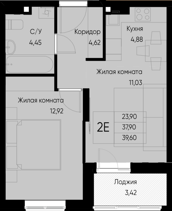 евро 2 к.кв. №35 39,6 м2 от застройщика ГК ТОЧНО