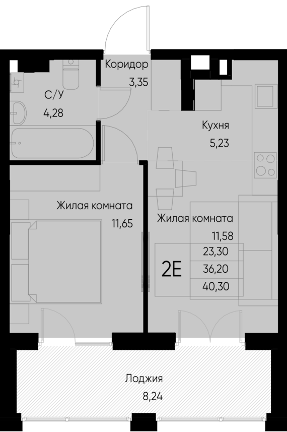 евро 2 к.кв. №38 40,3 м2 от застройщика ГК ТОЧНО