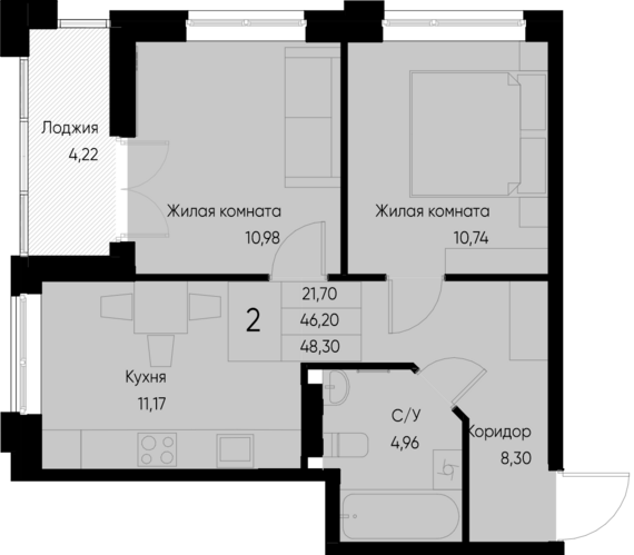 2-комнатная квартира №35 48,3 м2 от застройщика ГК ТОЧНО
