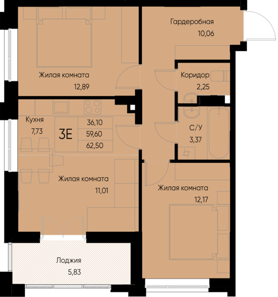 евро 3 к.кв. №21 62,5 м2 от застройщика ГК ТОЧНО