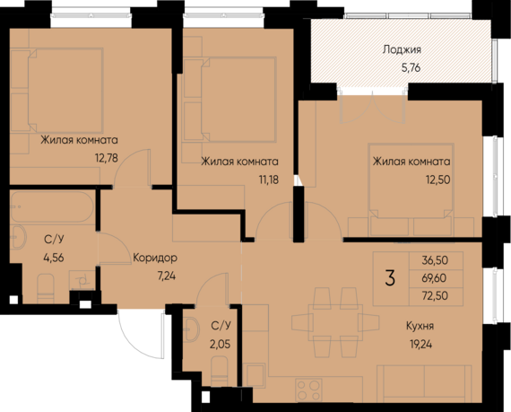 3-комнатная квартира №18 72,5 м2 от застройщика ГК ТОЧНО