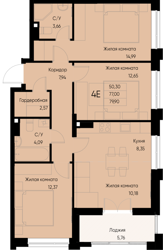 евро 4 к.кв. №7 79,9 м2 от застройщика ГК ТОЧНО