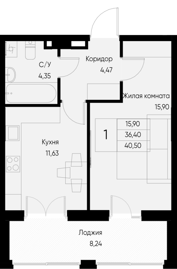 1-комнатная квартира №8 40,5 м2 от застройщика ГК ТОЧНО