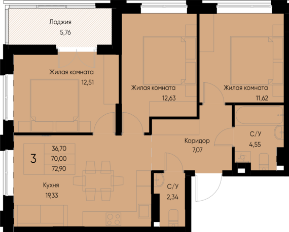 3-комнатная квартира №10 72,9 м2 от застройщика ГК ТОЧНО