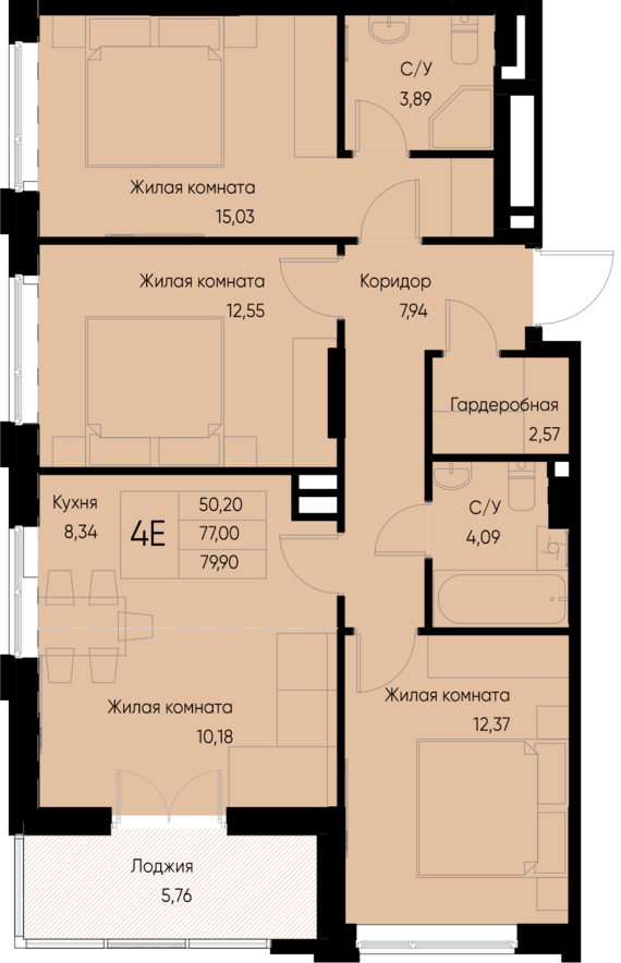 евро 4 к.кв. №15 79,9 м2 от застройщика ГК ТОЧНО
