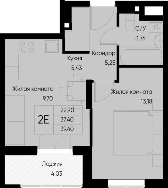 евро 2 к.кв. №32 39,4 м2 от застройщика ГК ТОЧНО