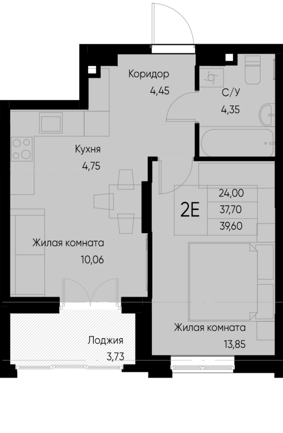 евро 2 к.кв. №39 39,6 м2 от застройщика ГК ТОЧНО