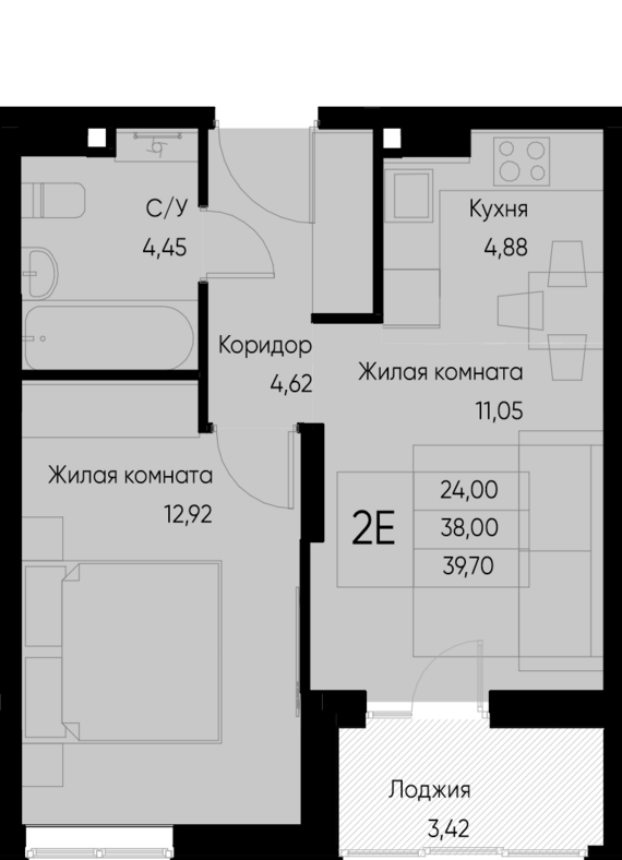 евро 2 к.кв. №20 39,7 м2 от застройщика ГК ТОЧНО