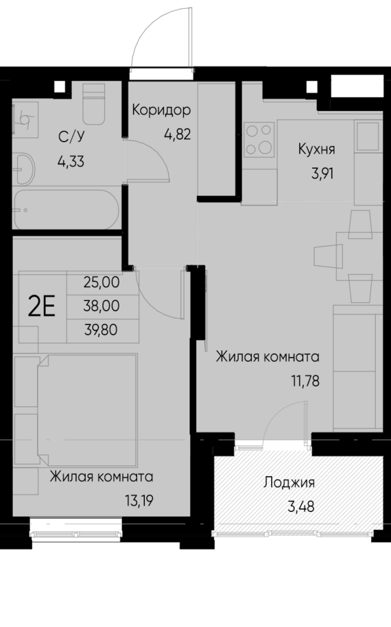 евро 2 к.кв. №58 39,8 м2 от застройщика ГК ТОЧНО