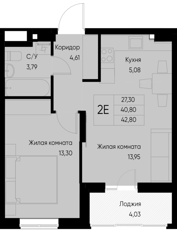 евро 2 к.кв. №100 42,8 м2 от застройщика ГК ТОЧНО