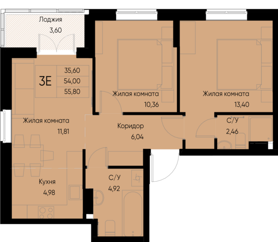 евро 3 к.кв. №98 55,8 м2 от застройщика ГК ТОЧНО