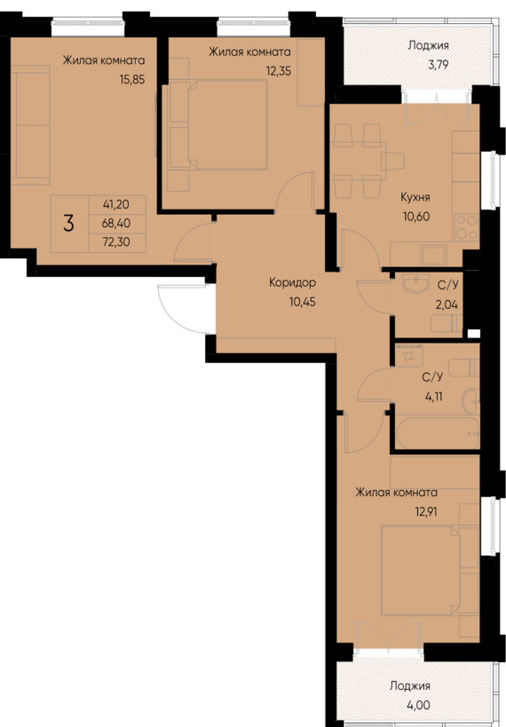 3-комнатная квартира №46 72,3 м2 от застройщика ГК ТОЧНО