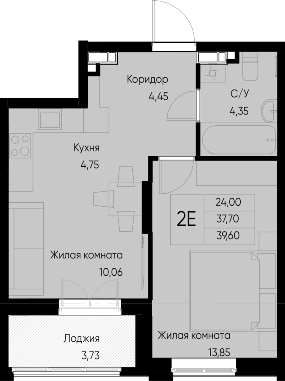 евро 2 к.кв. №69 39,6 м2 от застройщика ГК ТОЧНО