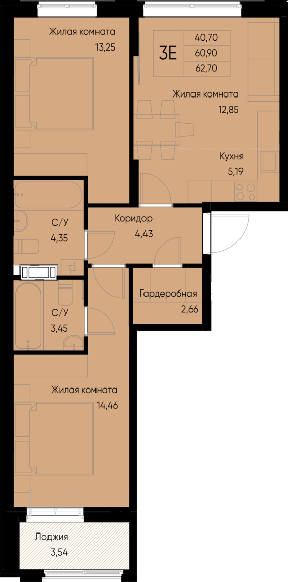 евро 3 к.кв. №70 62,7 м2 от застройщика ГК ТОЧНО