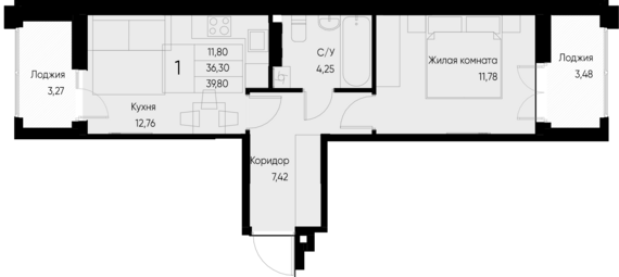 1-комнатная квартира №57 39,8 м2 от застройщика ГК ТОЧНО