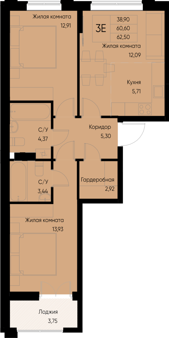 евро 3 к.кв. №133 62,5 м2 от застройщика ГК ТОЧНО