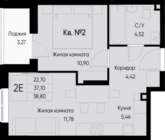евро 2 к.кв. №2 38,8 м2 от застройщика ГК ТОЧНО