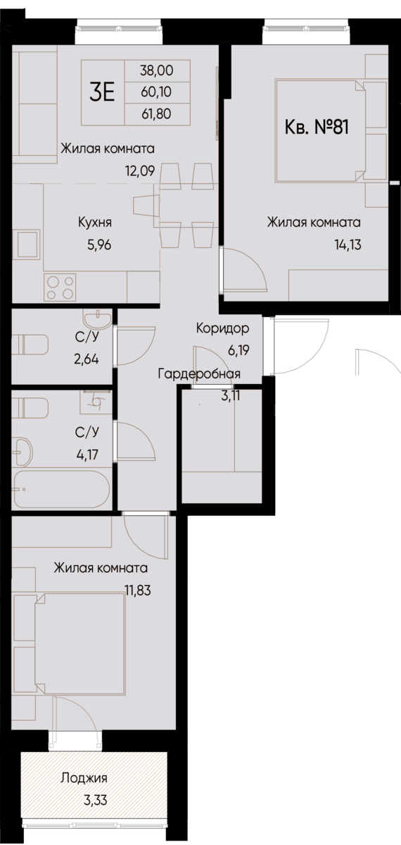 евро 3 к.кв. №81 61,8 м2 от застройщика ГК ТОЧНО