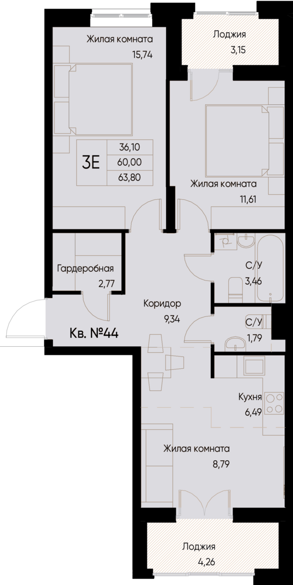 евро 3 к.кв. №44 63,8 м2 от застройщика ГК ТОЧНО