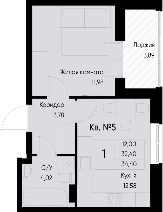 1-комнатная квартира №5 34,4 м2 от застройщика ГК ТОЧНО