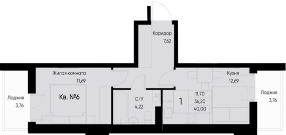1-комнатная квартира №6 40 м2 от застройщика ГК ТОЧНО