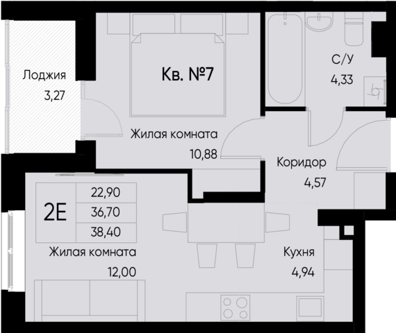 евро 2 к.кв. №7 38,4 м2 от застройщика ГК ТОЧНО
