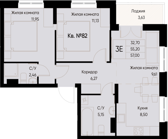 евро 3 к.кв. №82 57 м2 от застройщика ГК ТОЧНО