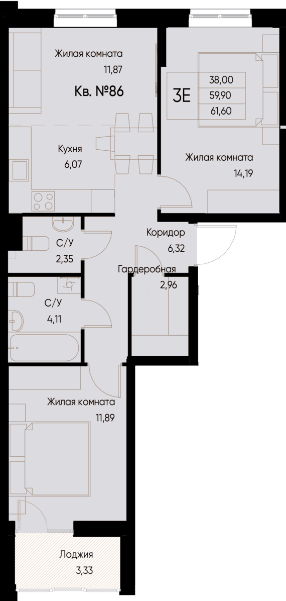евро 3 к.кв. №86 61,6 м2 от застройщика ГК ТОЧНО